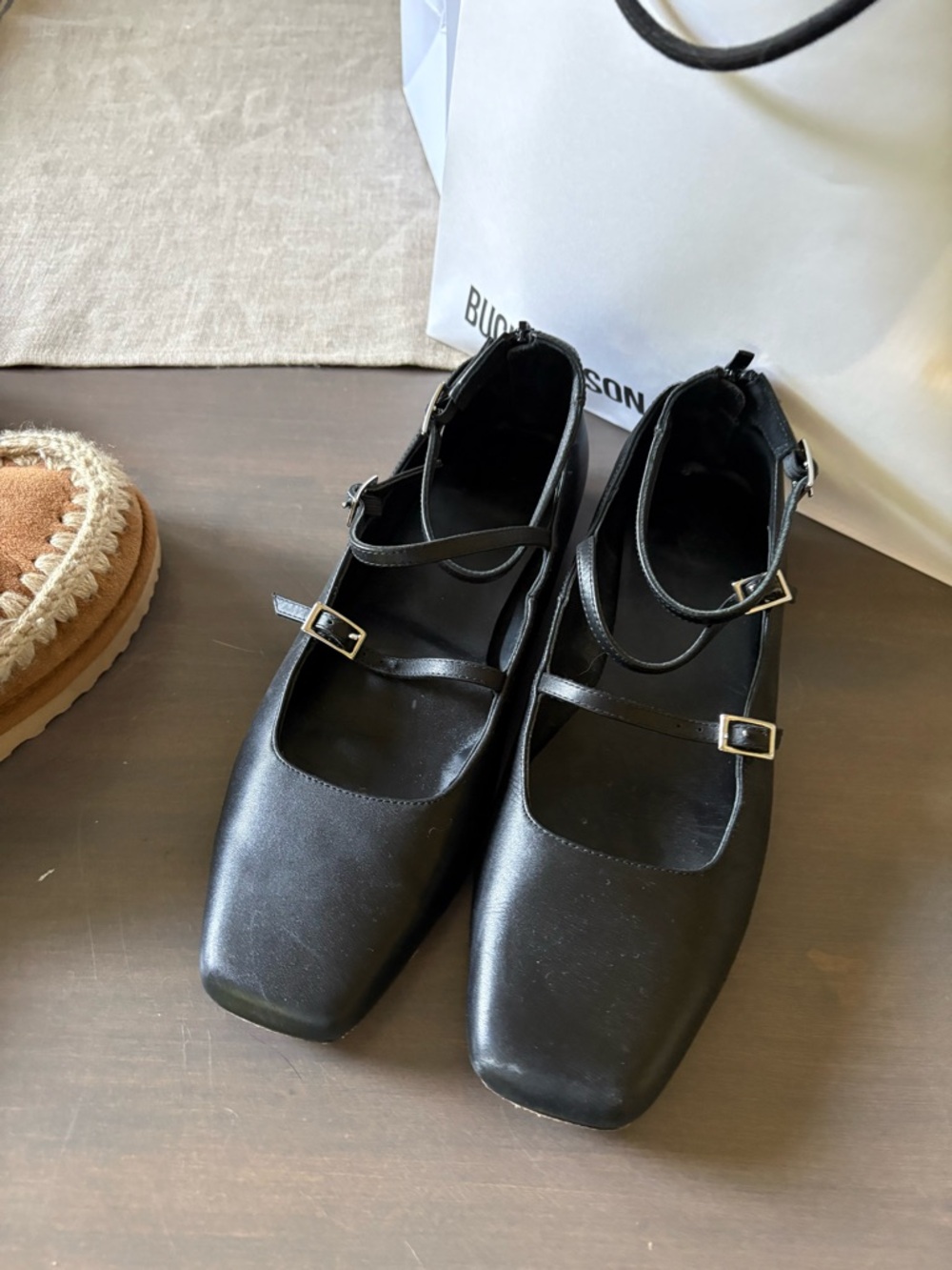 Quince Black Double-Strap Square-Toe Mary Jane Flats
